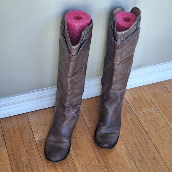 Frye Paige Tall Riding Boots Tan Distressed Leather Made in Mexico women's sz 6 - Picture 2 of 15
